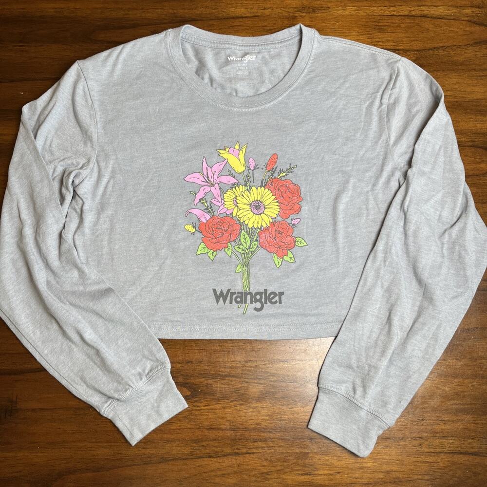 Wrangler Small Blue-Gray Floral Graphic Long Sleeve Crop Top T-Shirt, Rose Lilly